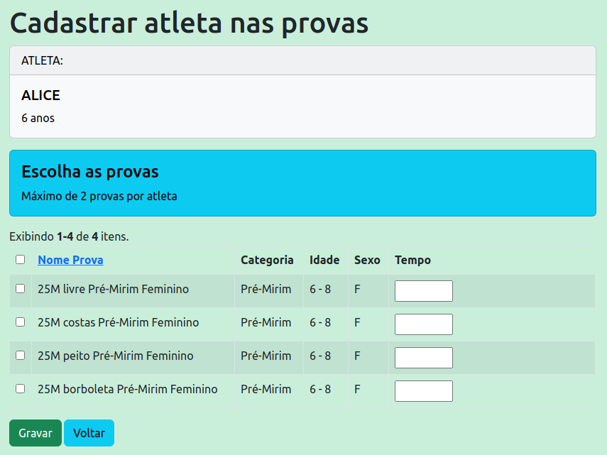 cadastrar atletas nas provas